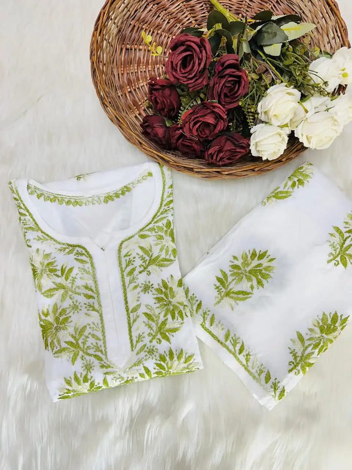 Manisha White Multithread Chikankari Kurta Set - Lime Green