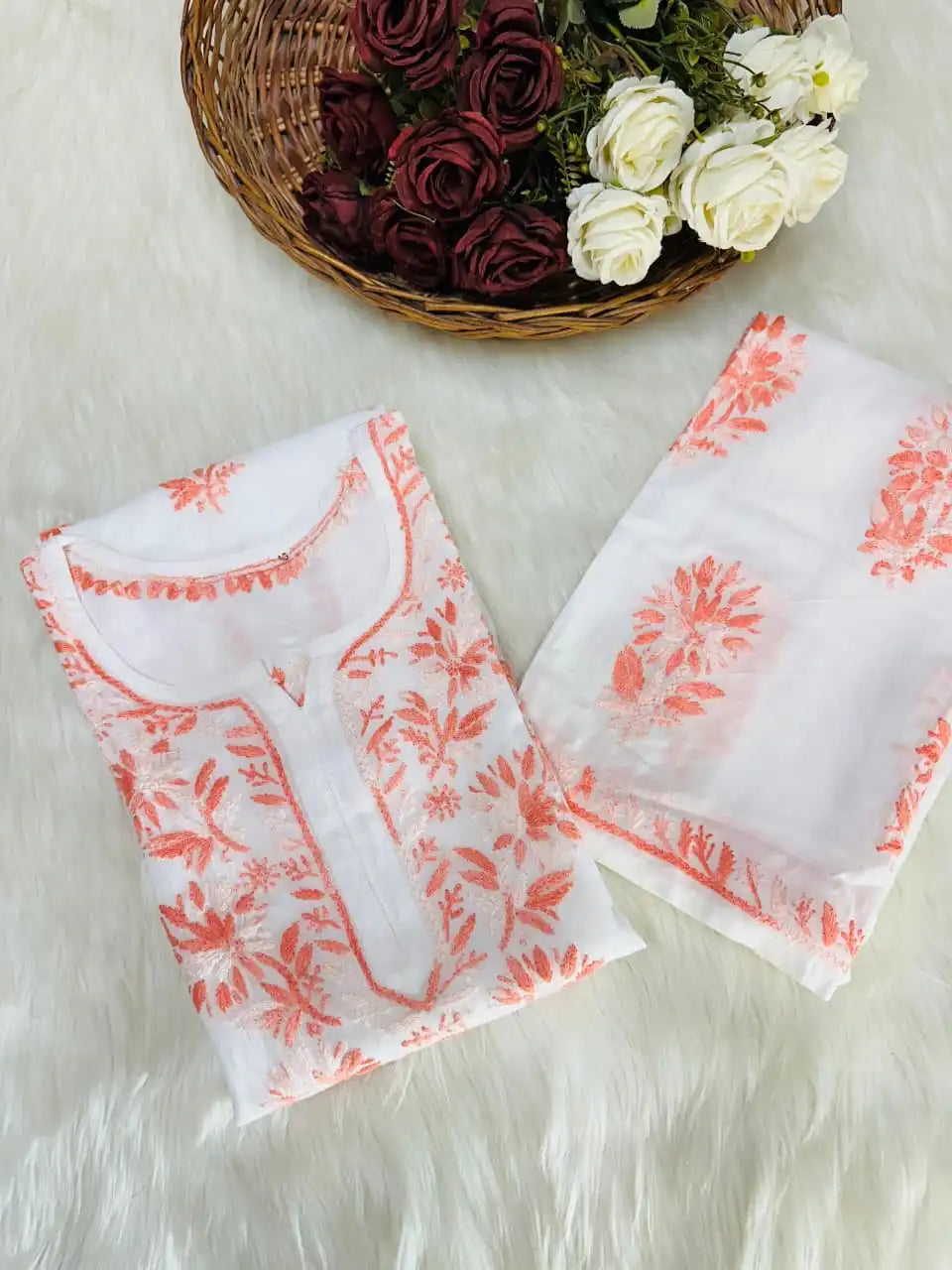 Manisha White Multithread Chikankari Kurta Set - Peach