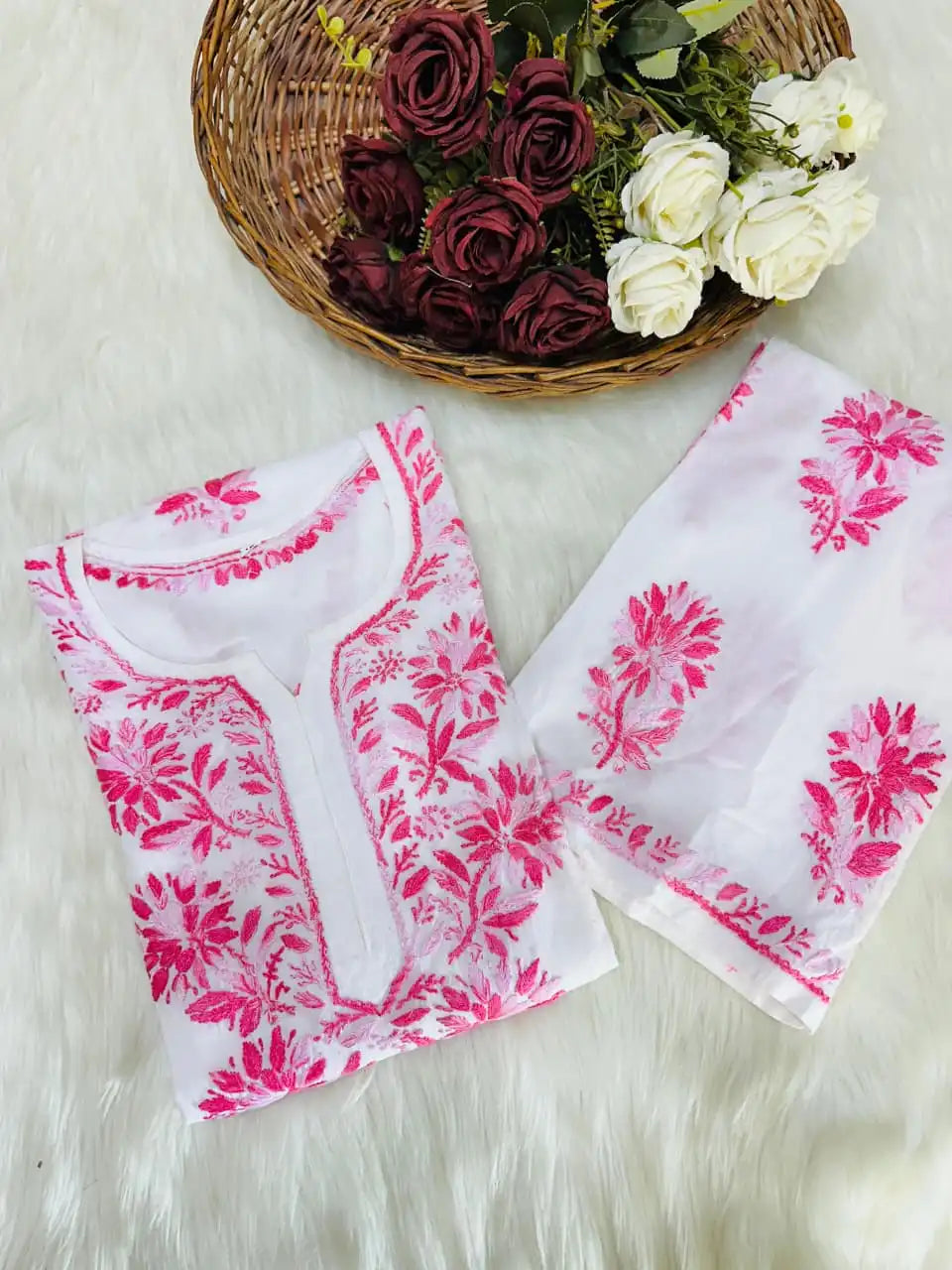 Manisha White Multithread Chikankari Kurta Set - Pink