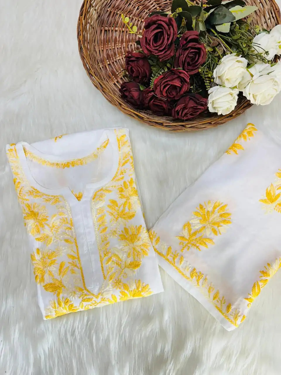 Manisha White Multithread Chikankari Kurta Set - Yellow