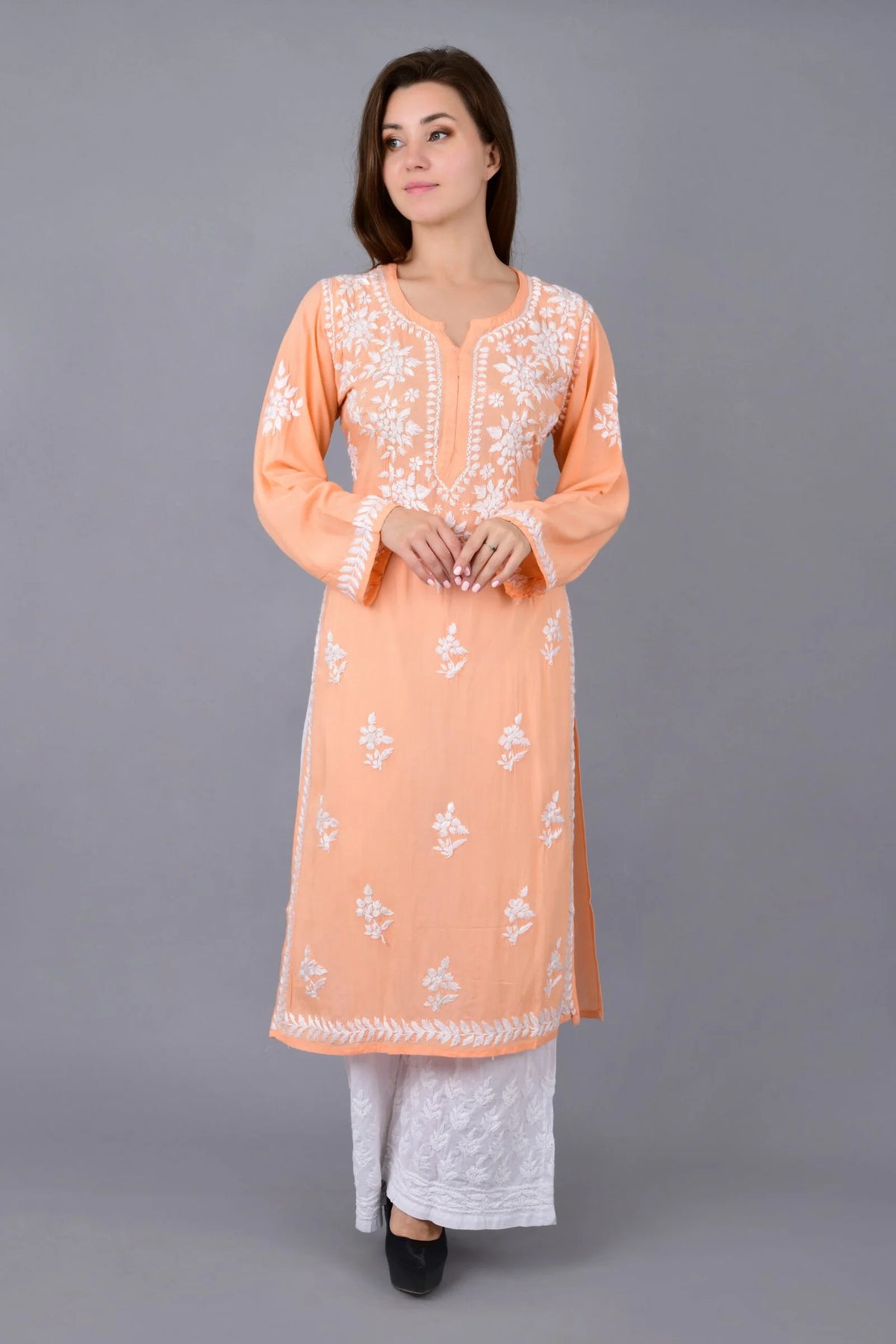 Mehar Chikankari Kurti - Pale Salmon