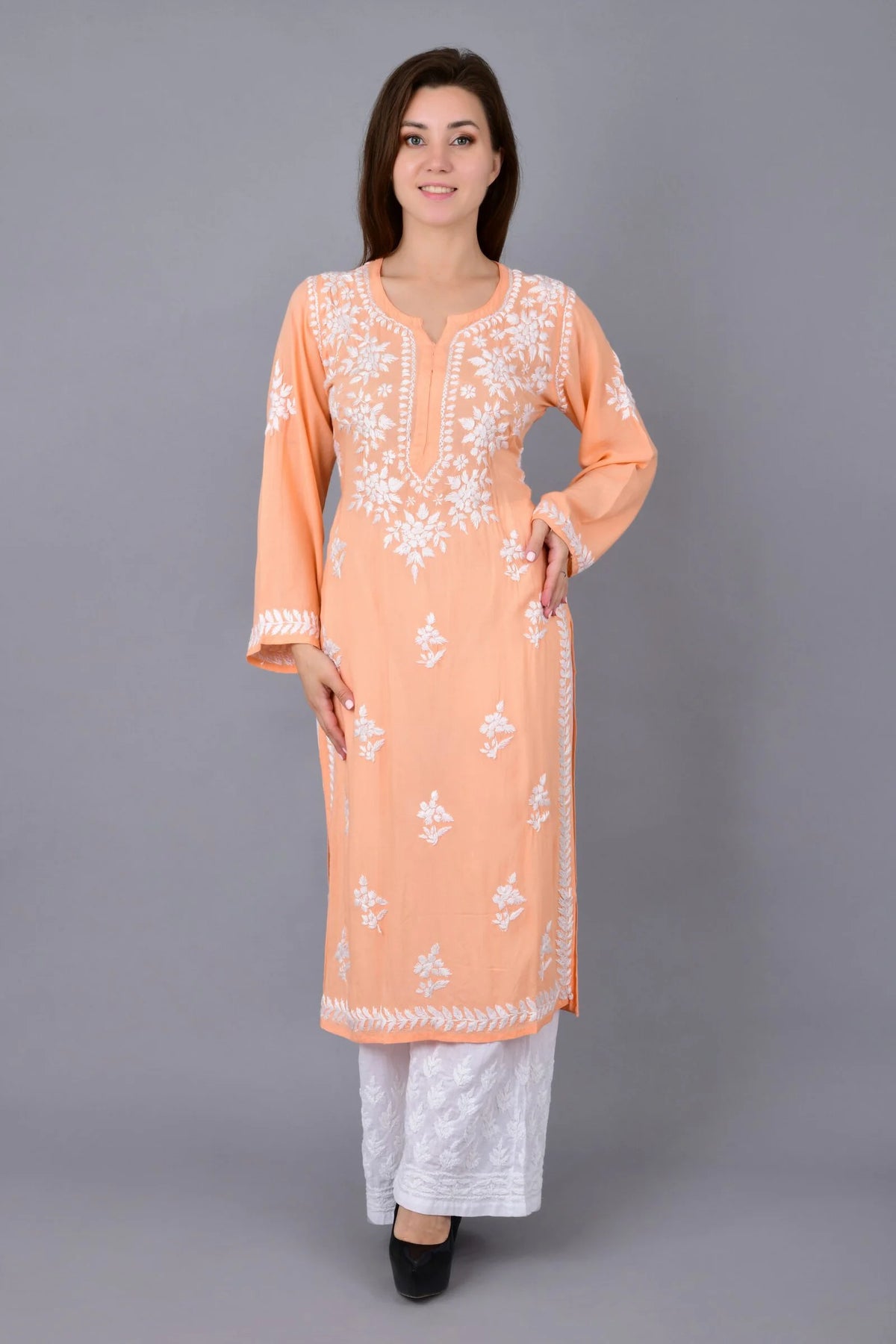 Mehar Chikankari Kurti - Pale Salmon