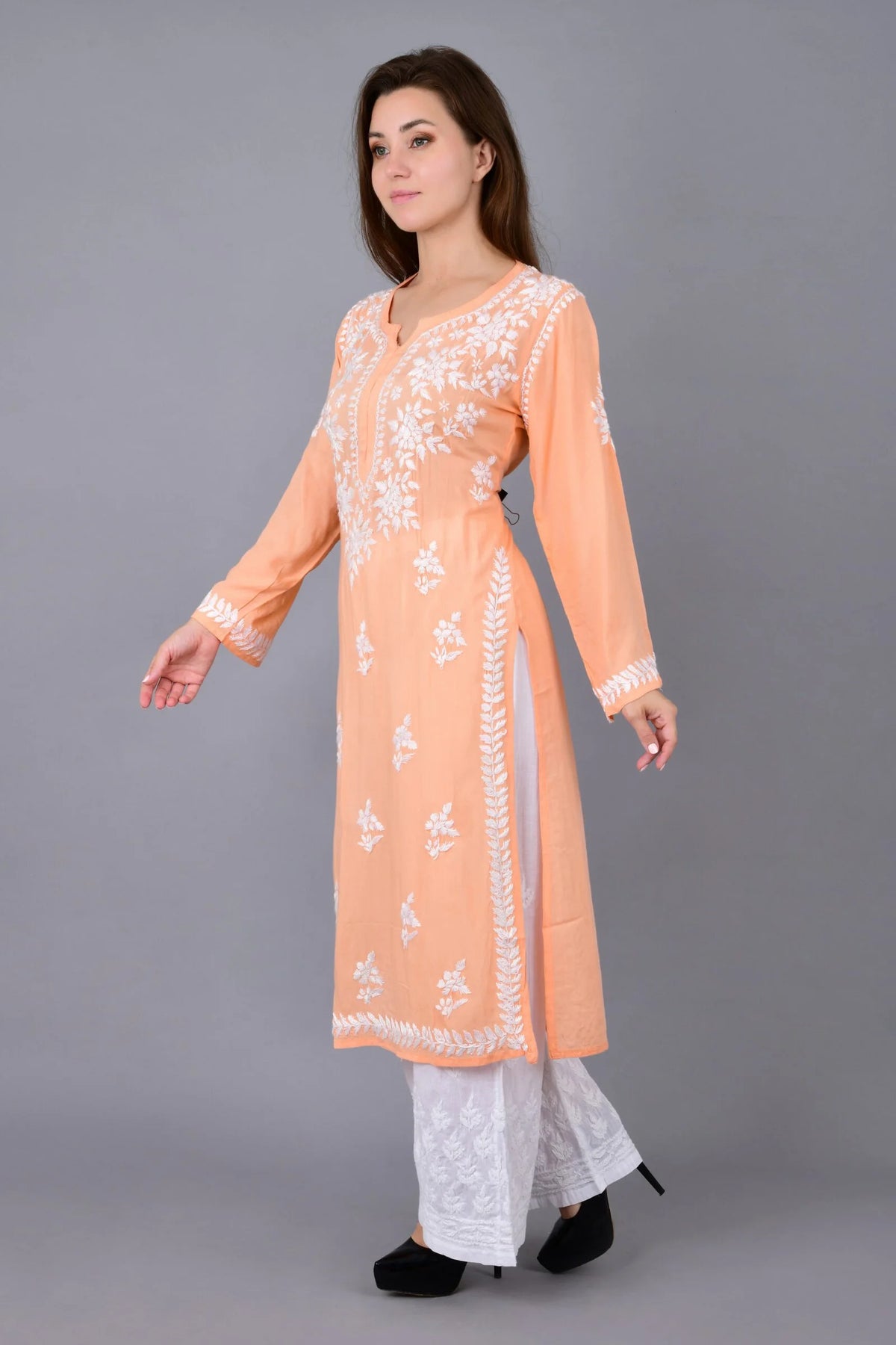 Mehar Chikankari Kurti - Pale Salmon