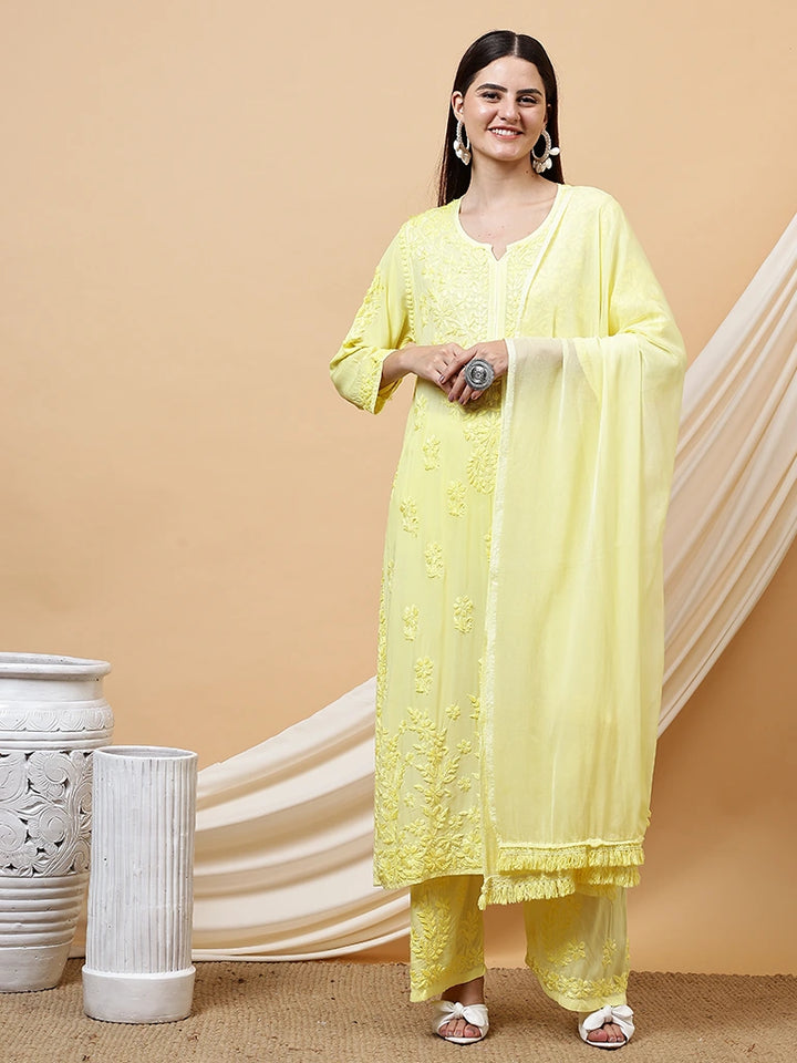 Mehrum Modal  Chikankari Kurti Set - Yellow