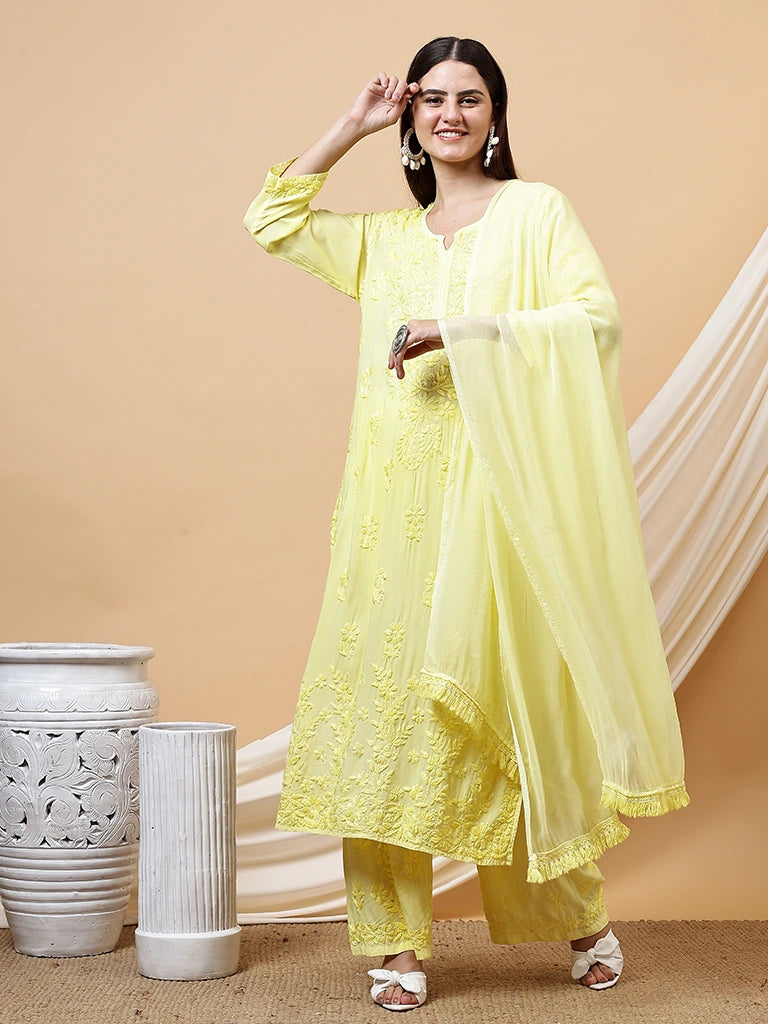 Mehrum Modal  Chikankari Kurti Set - Yellow