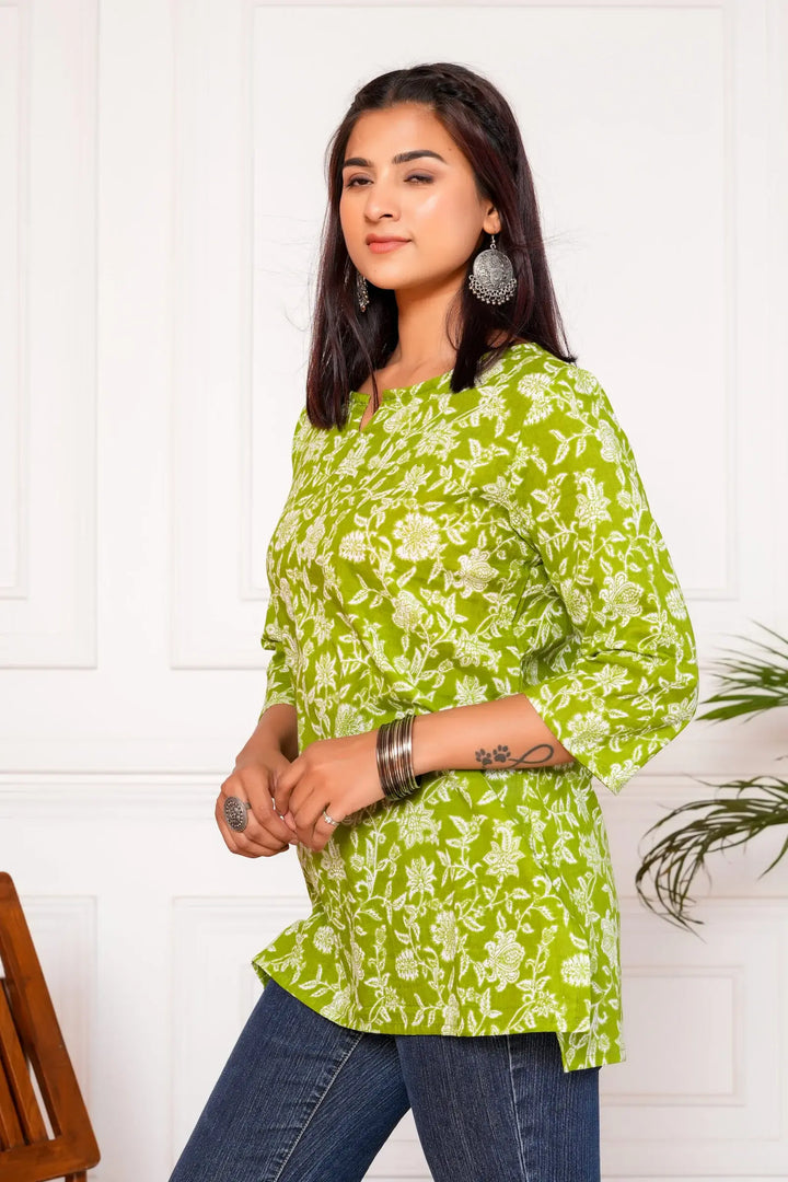 Meraki Handblock Printed Short Kurta - Green