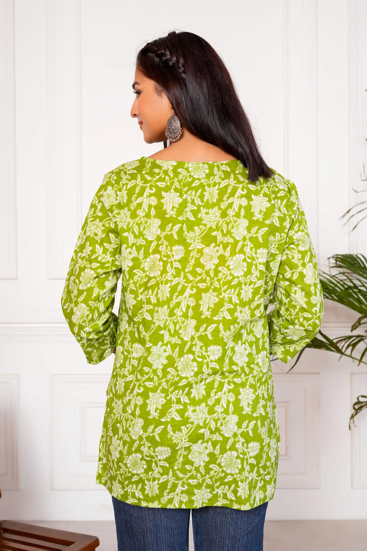 Meraki Handblock Printed Short Kurta - Green