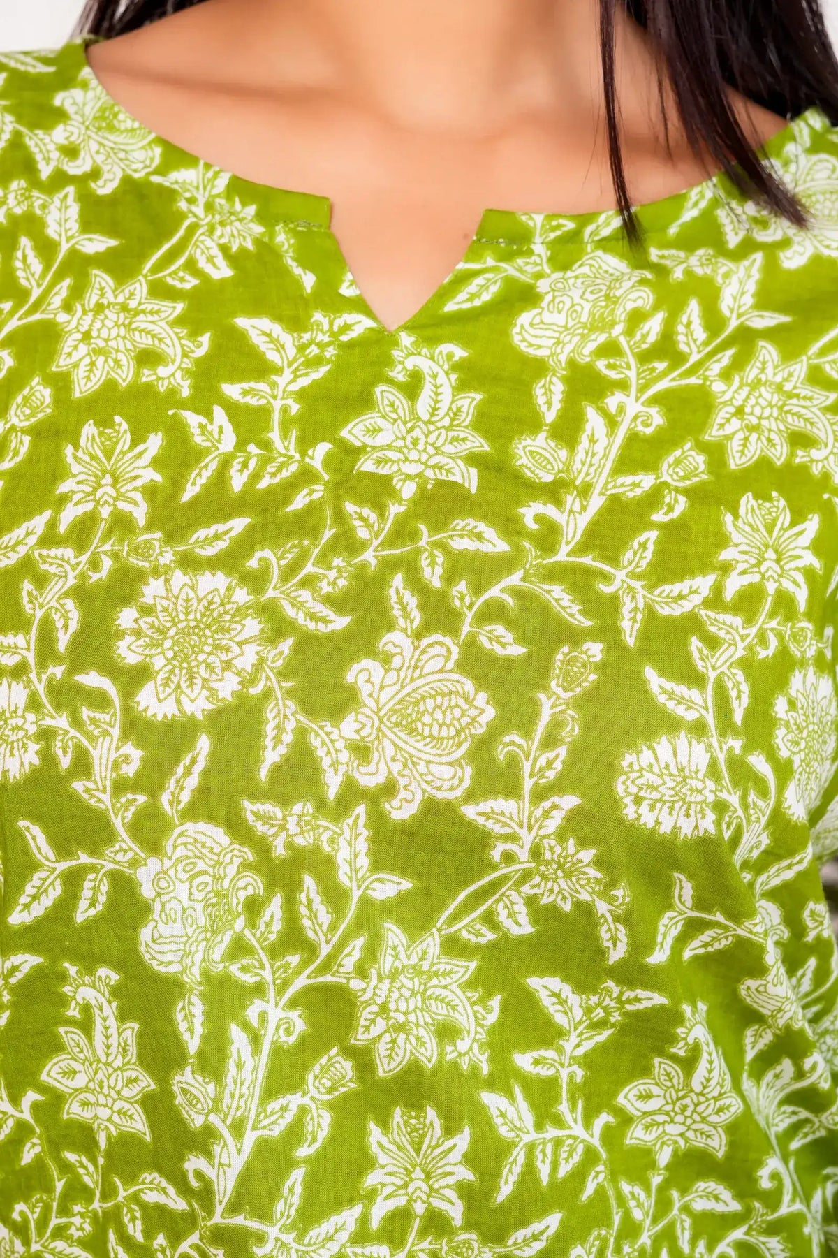 Meraki Handblock Printed Short Kurta - Green