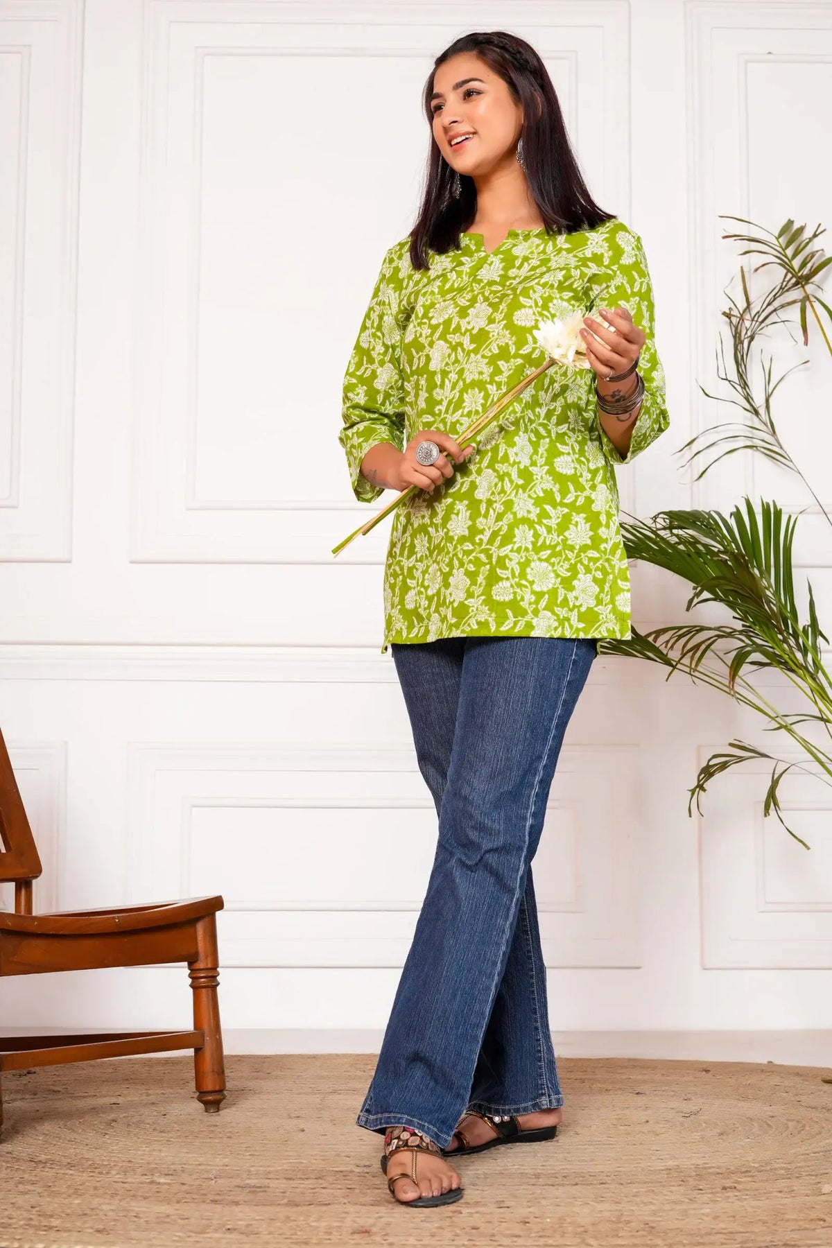 Meraki Handblock Printed Short Kurta - Green