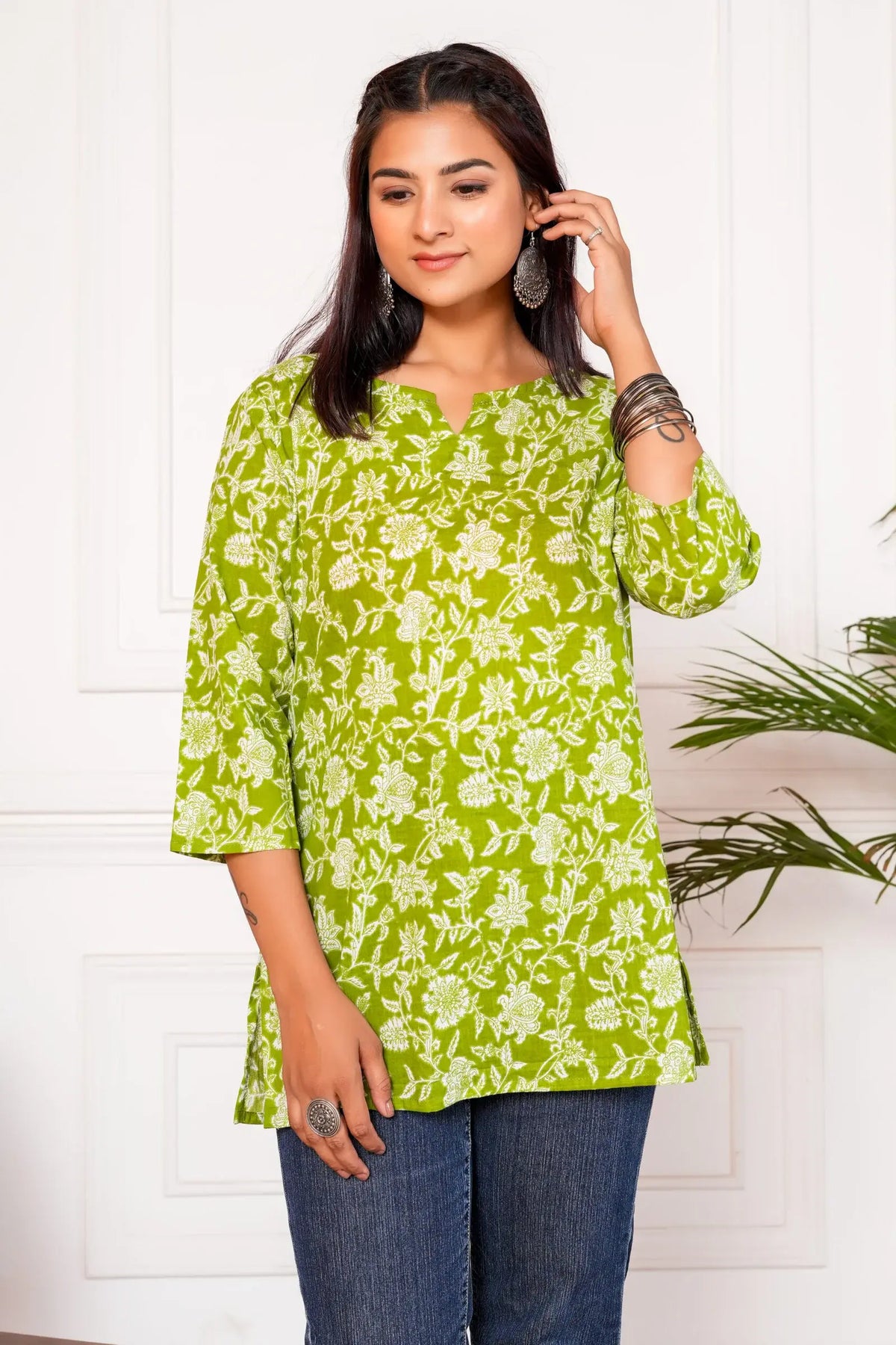 Meraki Handblock Printed Short Kurta - Green