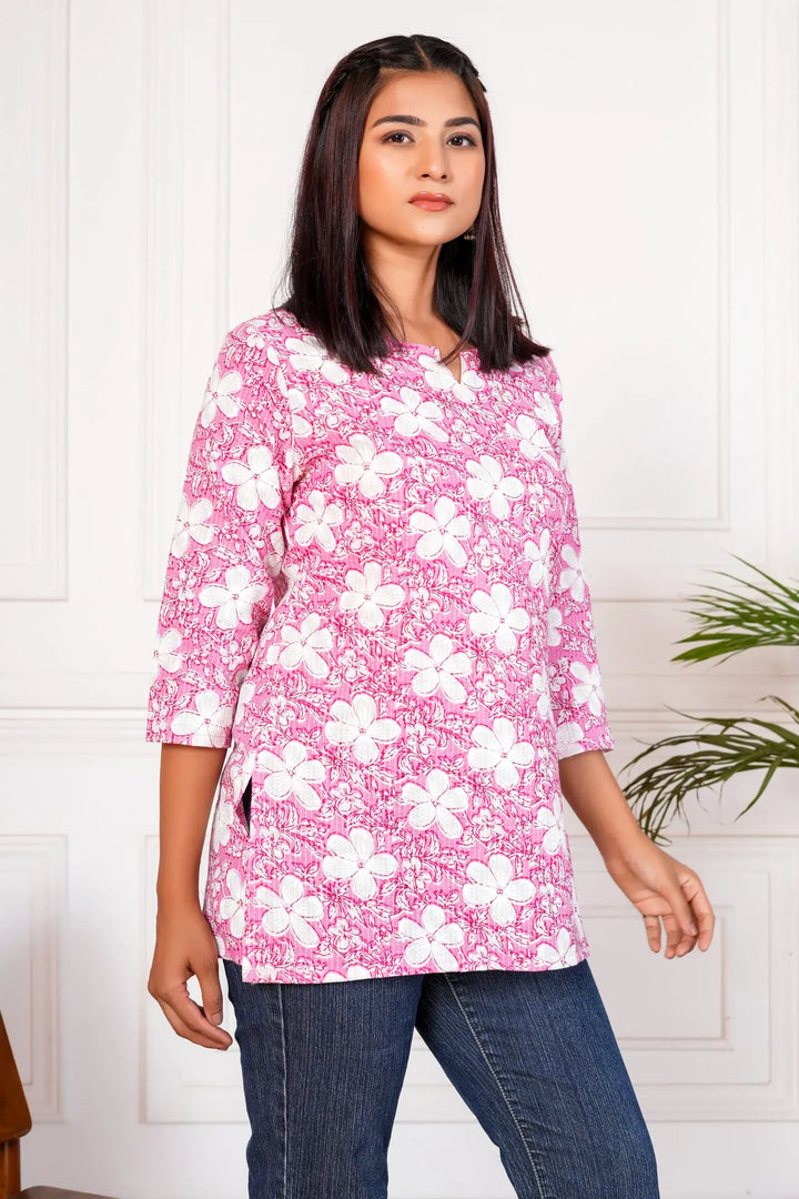 Meraki Handblock Printed Short Kurta - Pink