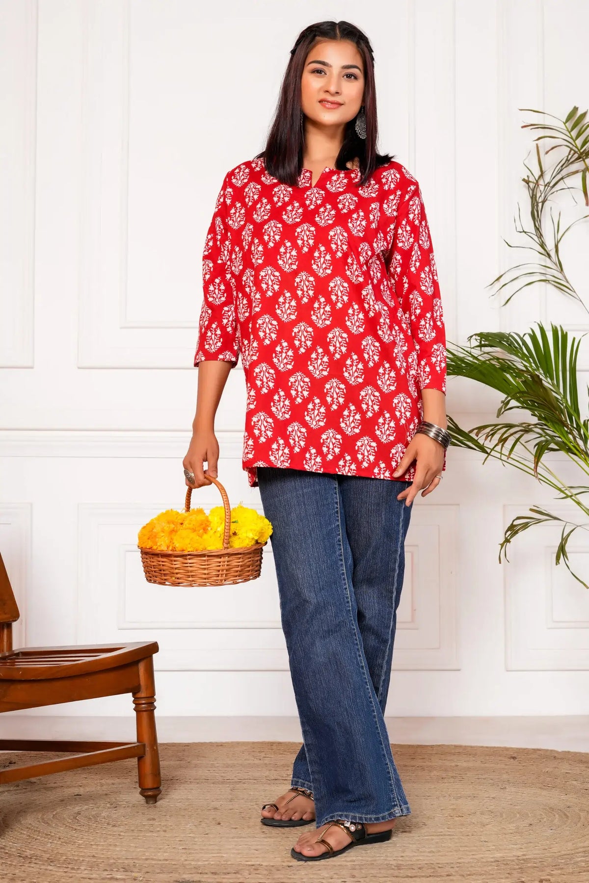 Meraki Handblock Printed Short Kurta - Red