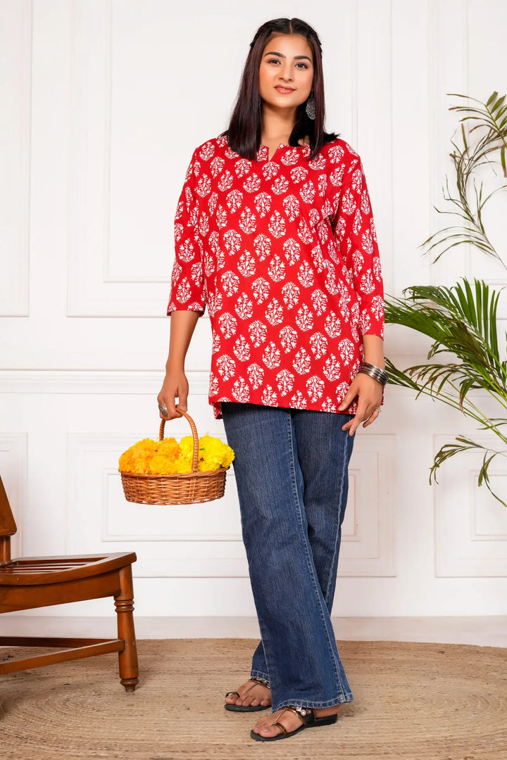 Meraki Handblock Printed Short Kurta - Red