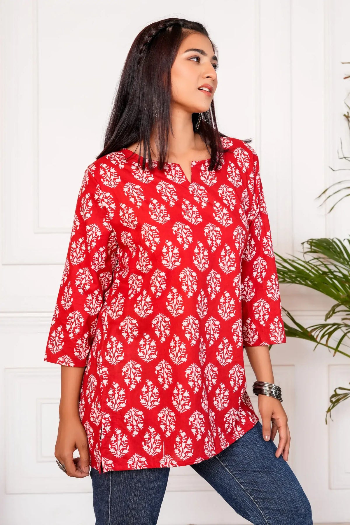 Meraki Handblock Printed Short Kurta - Red