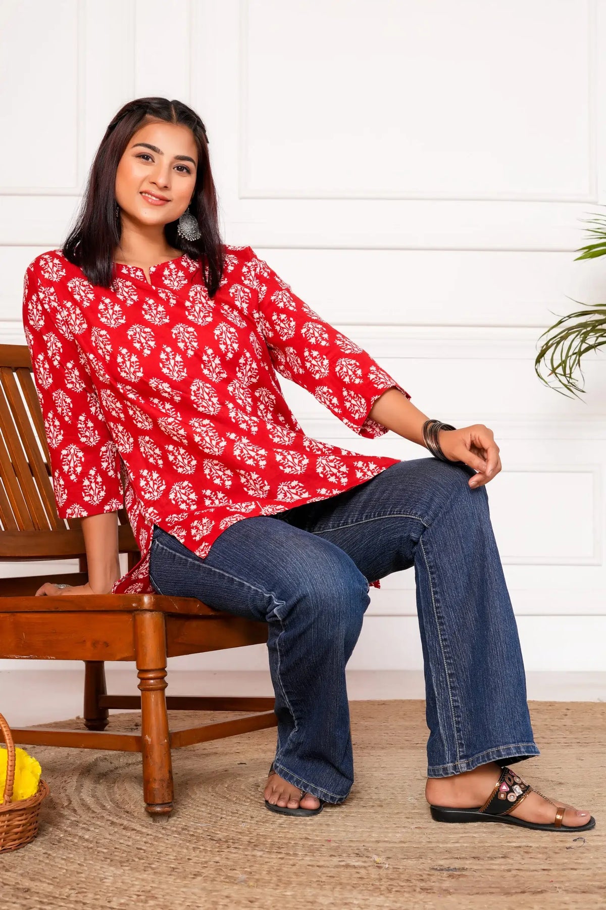 Meraki Handblock Printed Short Kurta - Red