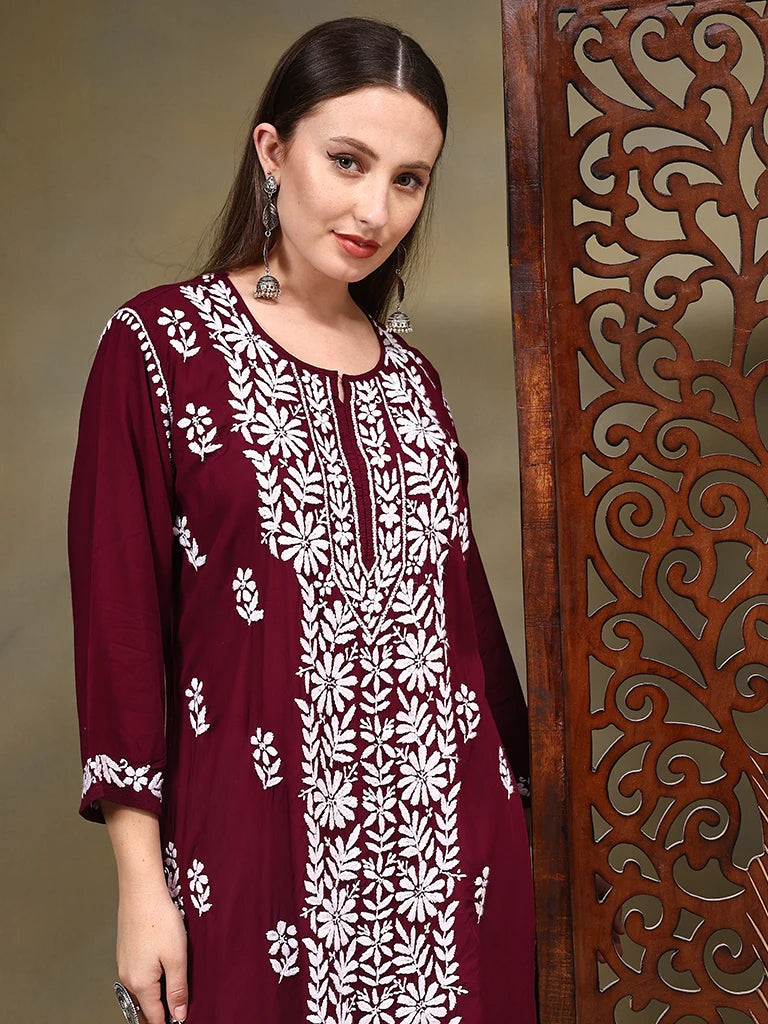Nadiya Modal Maroon Chikankari Kurtis – Red