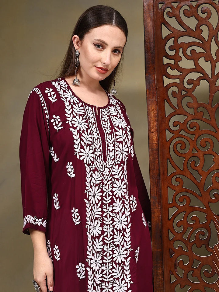 Nadiya Modal Maroon Chikankari Kurtis – Red