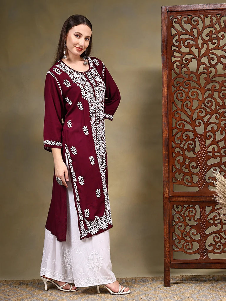 Nadiya Modal Maroon Chikankari Kurtis – Red