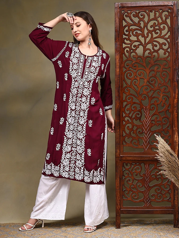 Nadiya Modal Maroon Chikankari Kurtis – Red