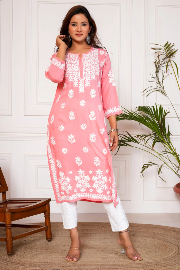 Nagma Pure Modal 3D Chikankari Kurti – Pink