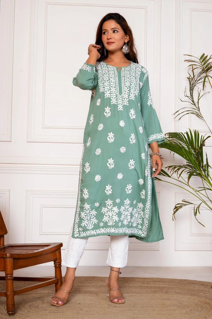 Nagma Pure Modal 3D Chikankari Kurti – Sea Green