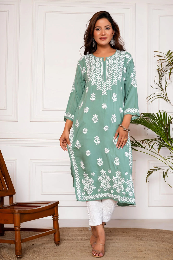 Nagma Pure Modal 3D Chikankari Kurti – Sea Green