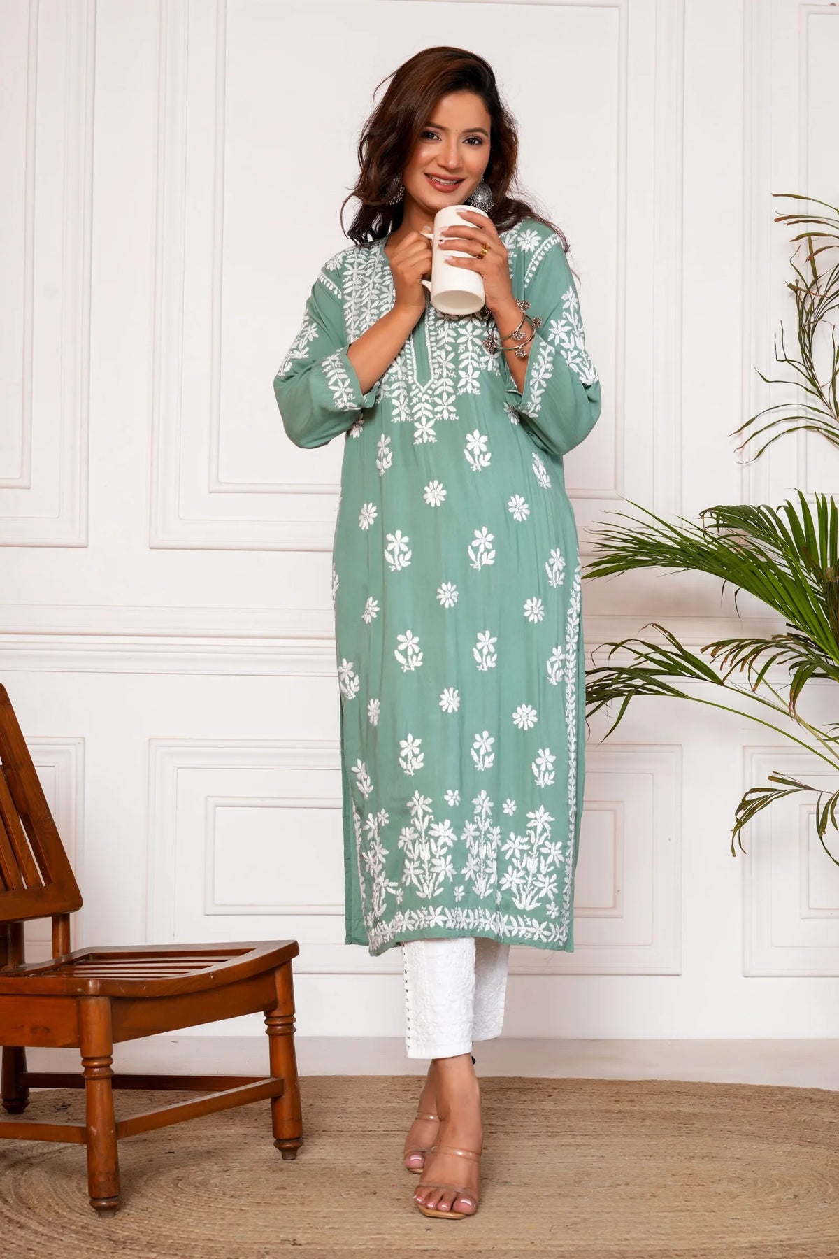 Nagma Pure Modal 3D Chikankari Kurti – Sea Green