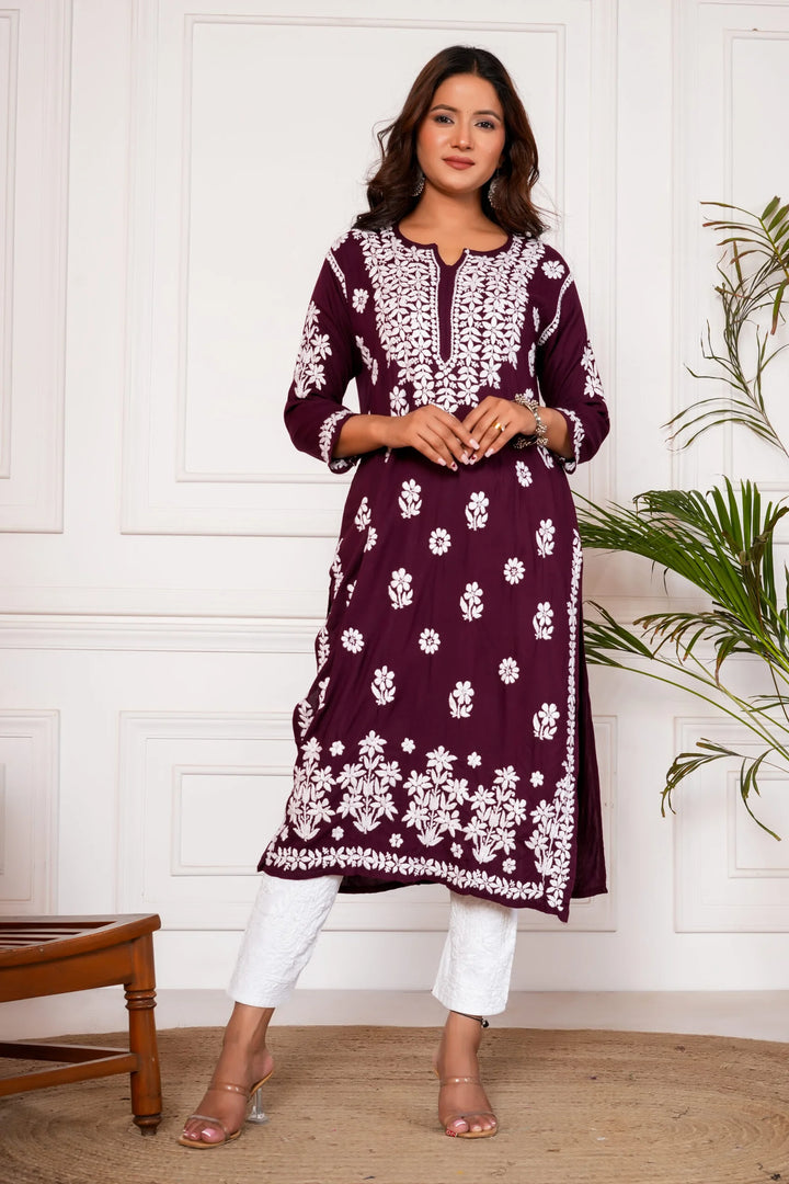 Nagma Pure Modal 3D Chikankari Kurti – Wine