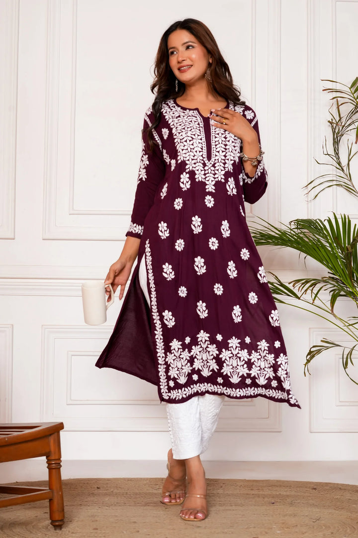 Nagma Pure Modal 3D Chikankari Kurti – Wine