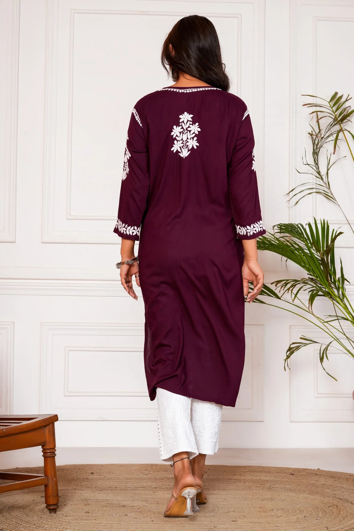 Nagma Pure Modal 3D Chikankari Kurti – Wine