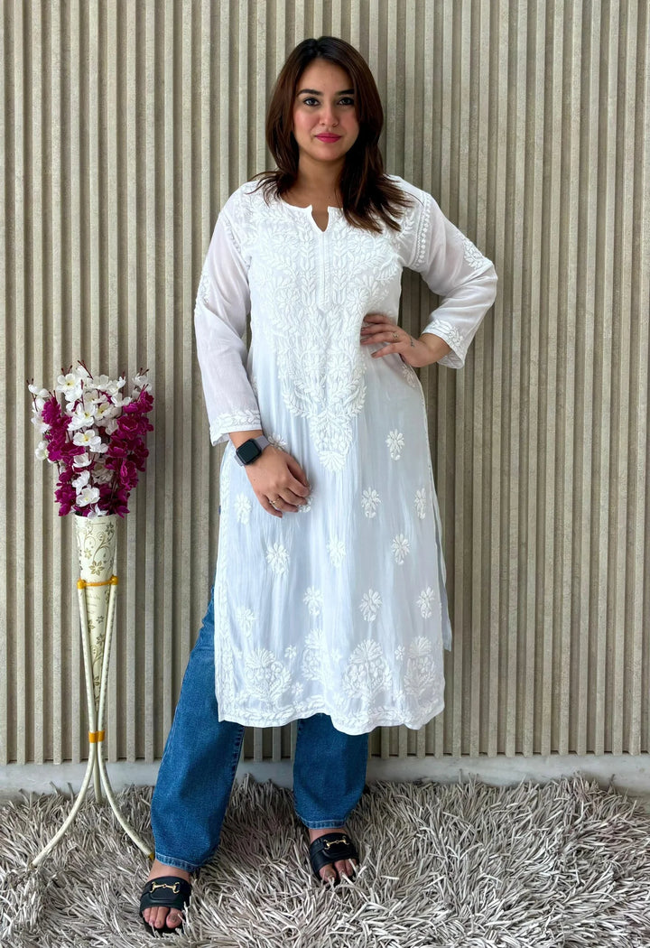 Neeta White Pure Modal Butter Soft Fabric Premium Chikankari Kurta