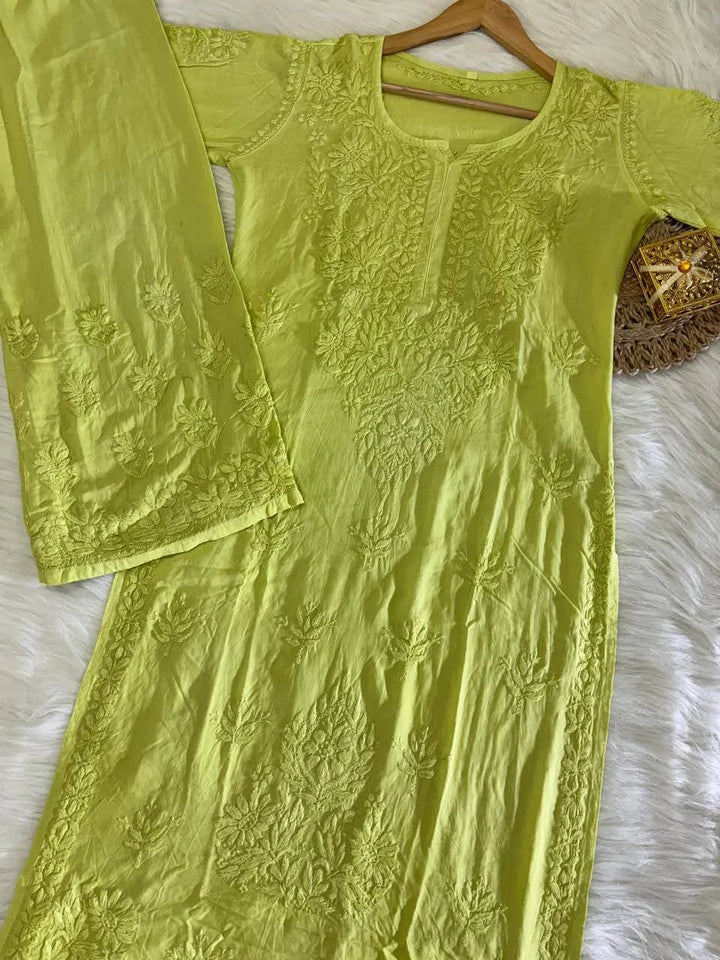 Niharika Chikankari Kurta Set - Parrot Green