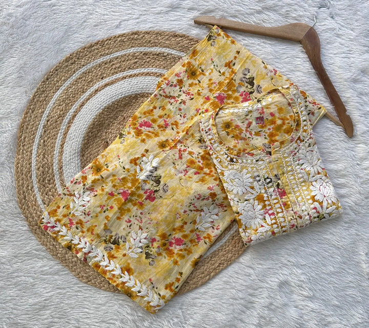 Nishra Pure Mul Cotton Chikankari Kurta Set - Yellow