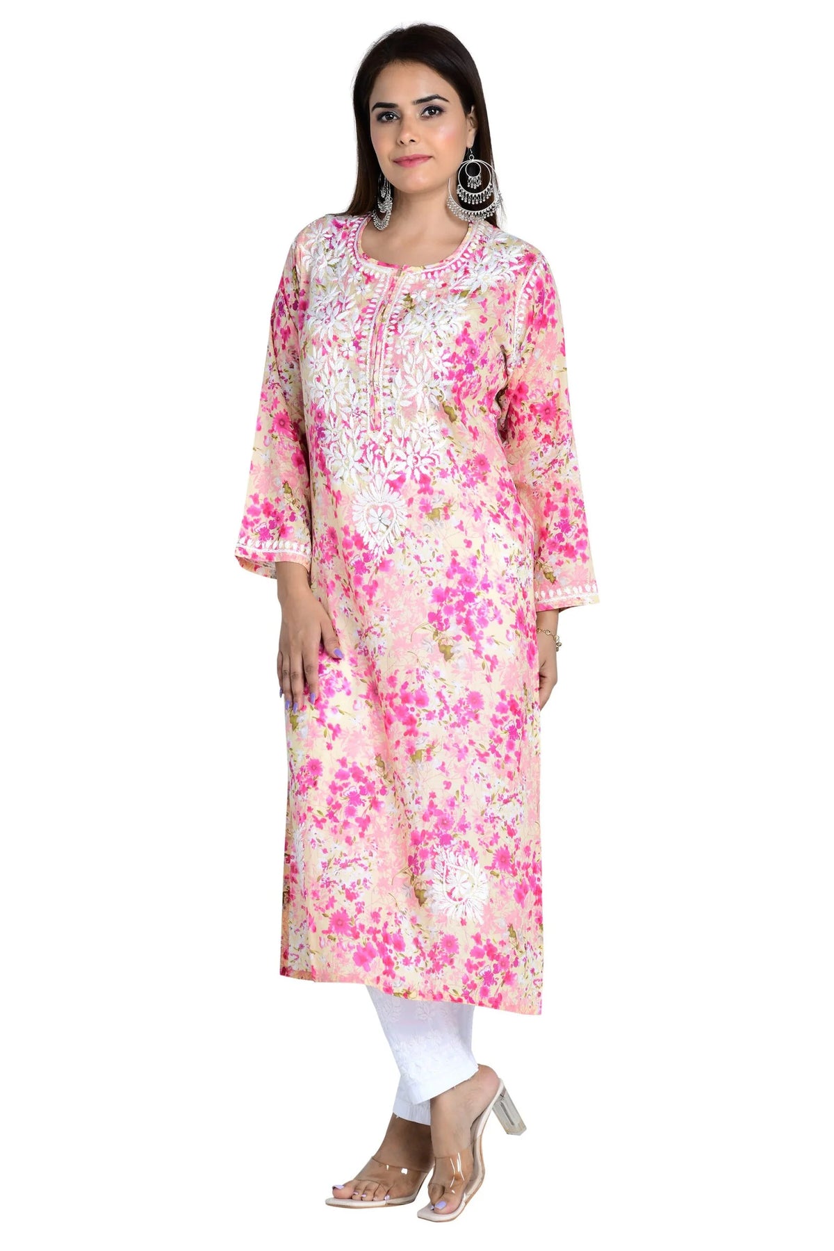 Noorani  Cotton Mulmul Straight Kurti - Pink