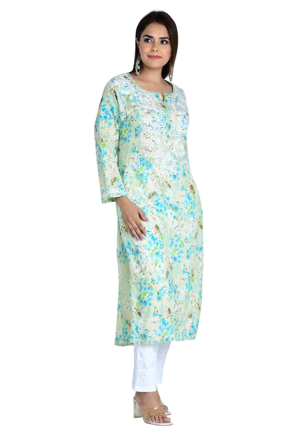 Noorani  Cotton Mulmul Straight Kurti - Sea Green
