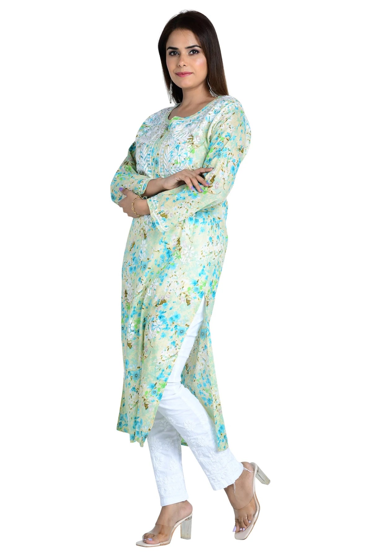 Noorani  Cotton Mulmul Straight Kurti - Sea Green