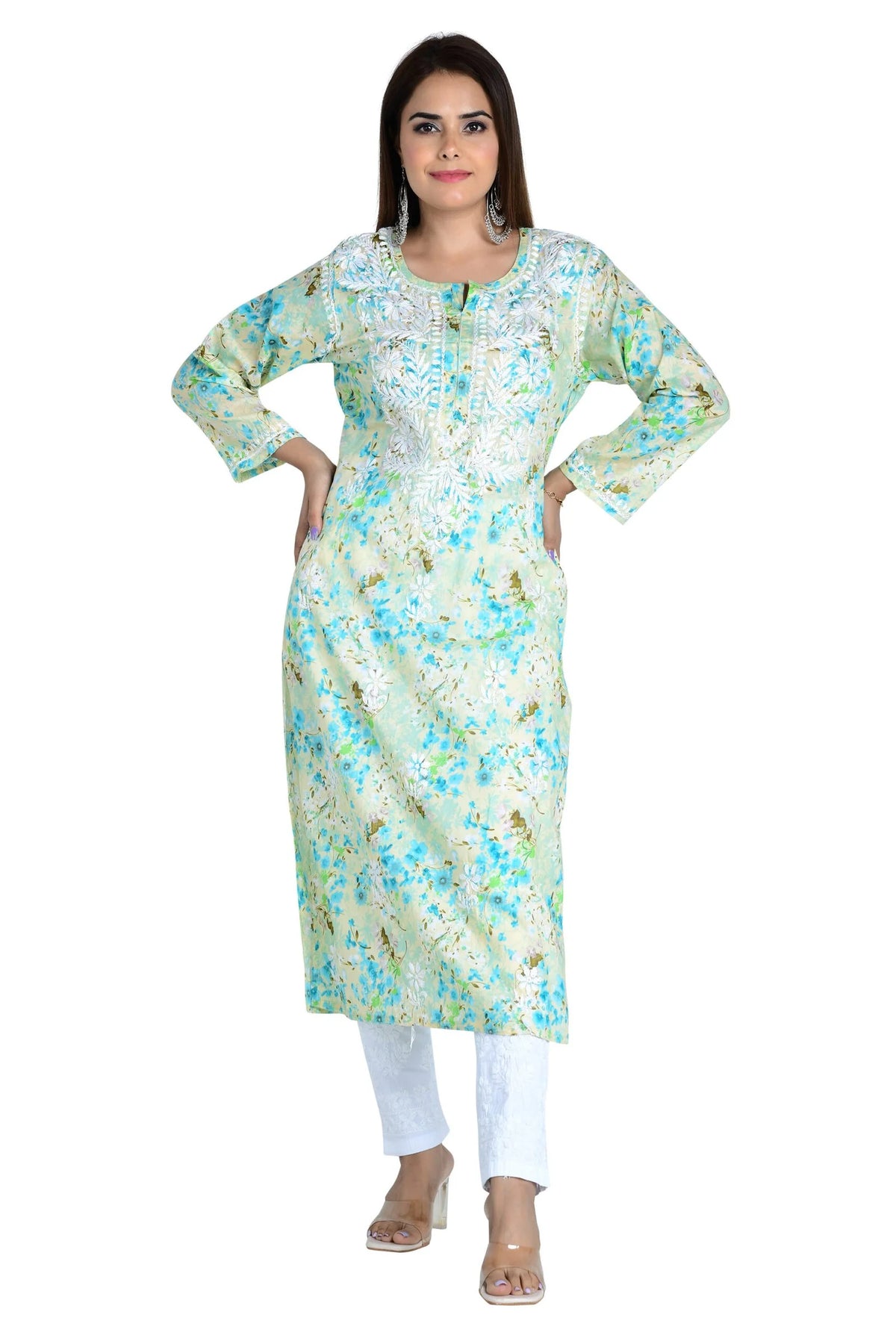 Noorani  Cotton Mulmul Straight Kurti - Sea Green