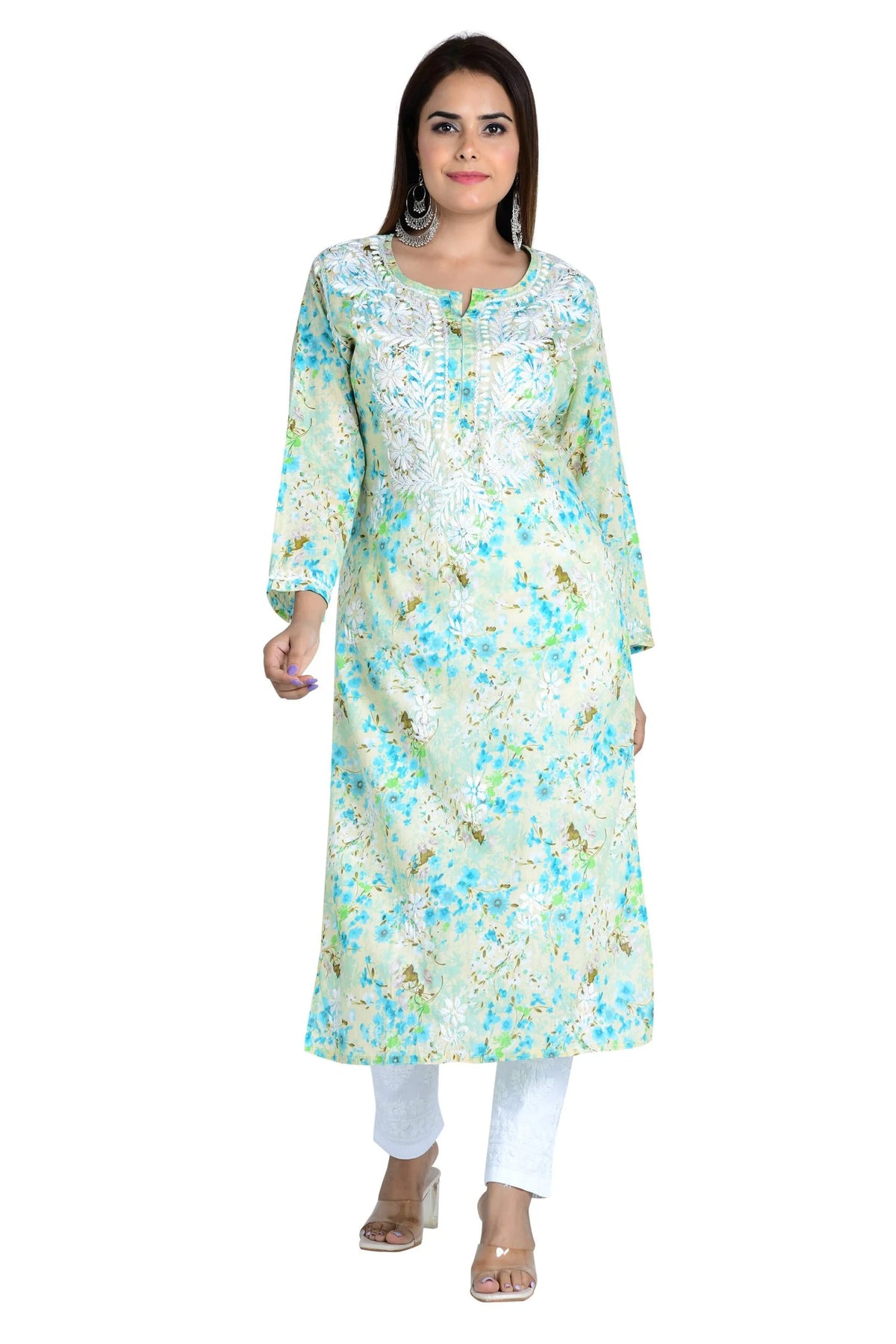 Noorani  Cotton Mulmul Straight Kurti - Sea Green