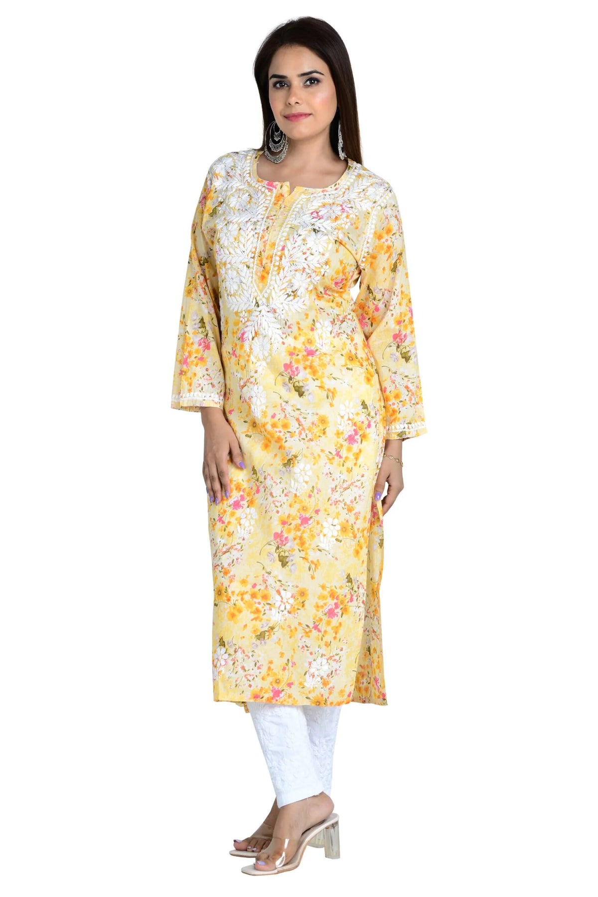 Noorani  Cotton Mulmul Straight Kurti - Yellow