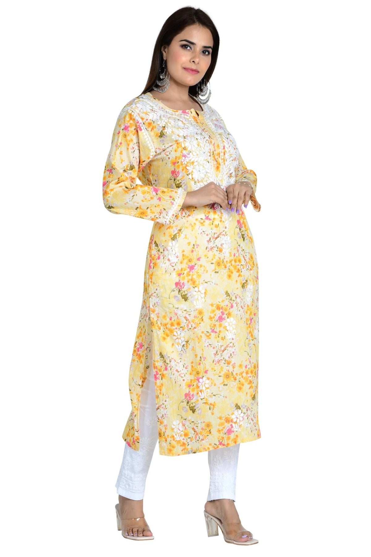 Noorani  Cotton Mulmul Straight Kurti - Yellow