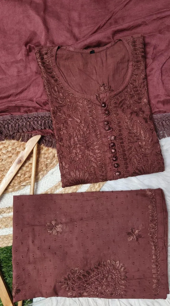 Pihu Soft Dobby Mul Cotton Chikankari Kurta Set - Brown
