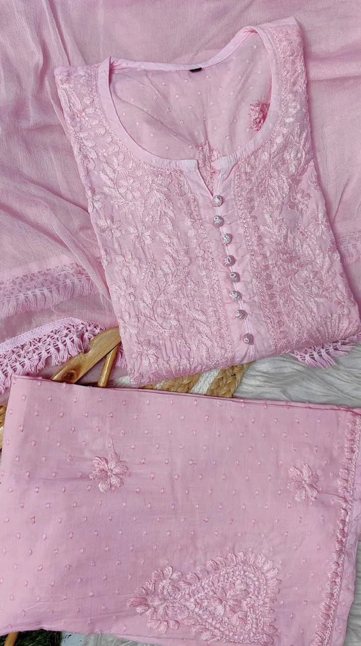 Pihu Soft Dobby Mul Cotton Chikankari Kurta Set - Pink