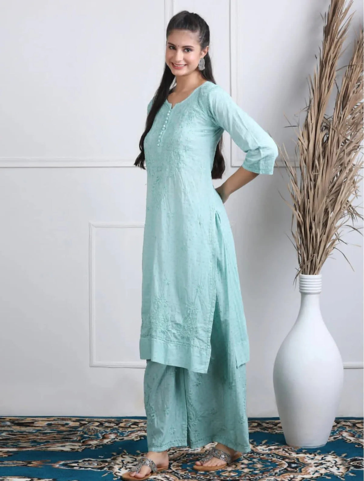 Pihu Soft Dobby Mul Cotton Chikankari Kurta Set - Sea Green