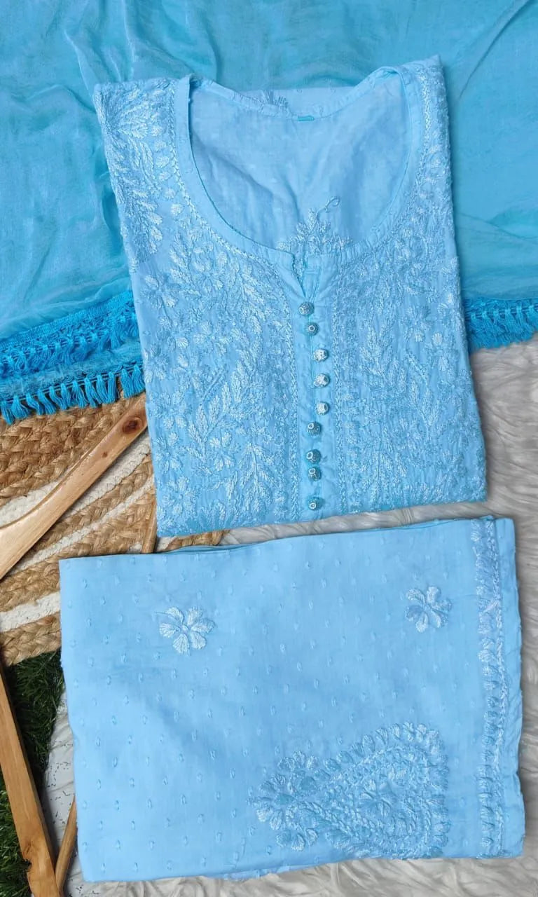 Pihu Soft Dobby Mul Cotton Chikankari Kurta Set - Sky Blue
