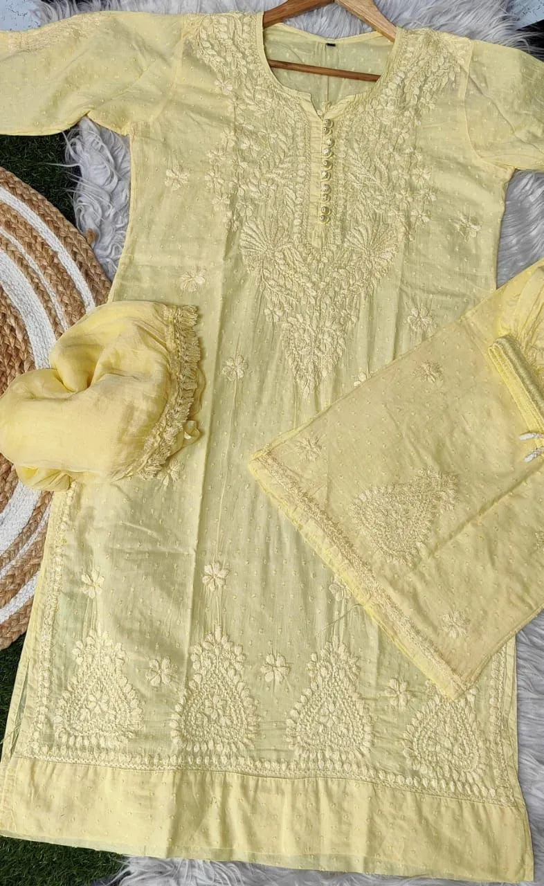 Pihu Soft Dobby Mul Cotton Chikankari Kurta Set - Yellow