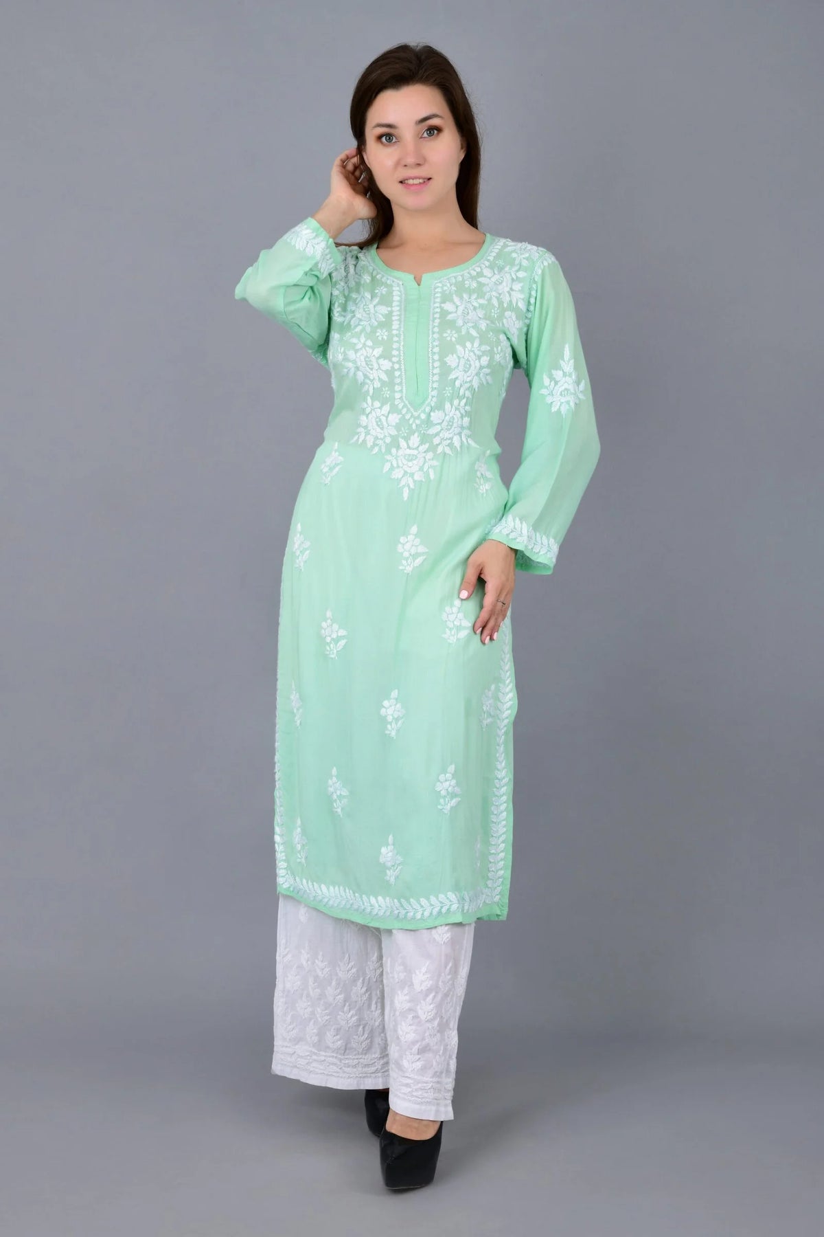 Mehar Chikankari Kurti - Sea Mist