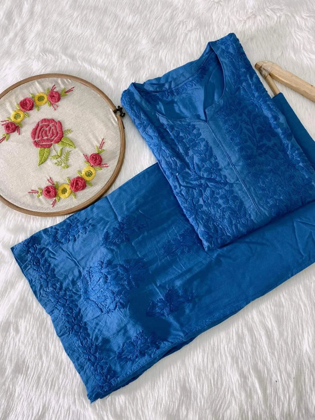 Raha Modal 3D Chikankari Kurta Palazzo Set - Blue
