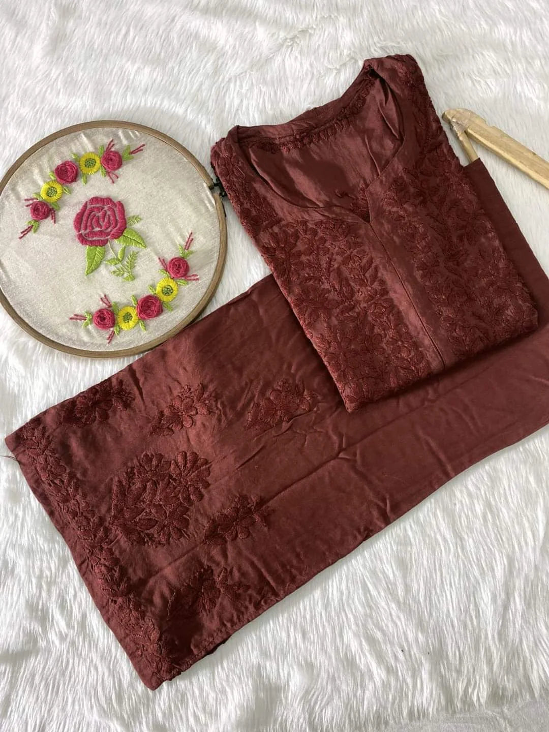 Raha Modal 3D Chikankari Kurta Palazzo Set - Brown