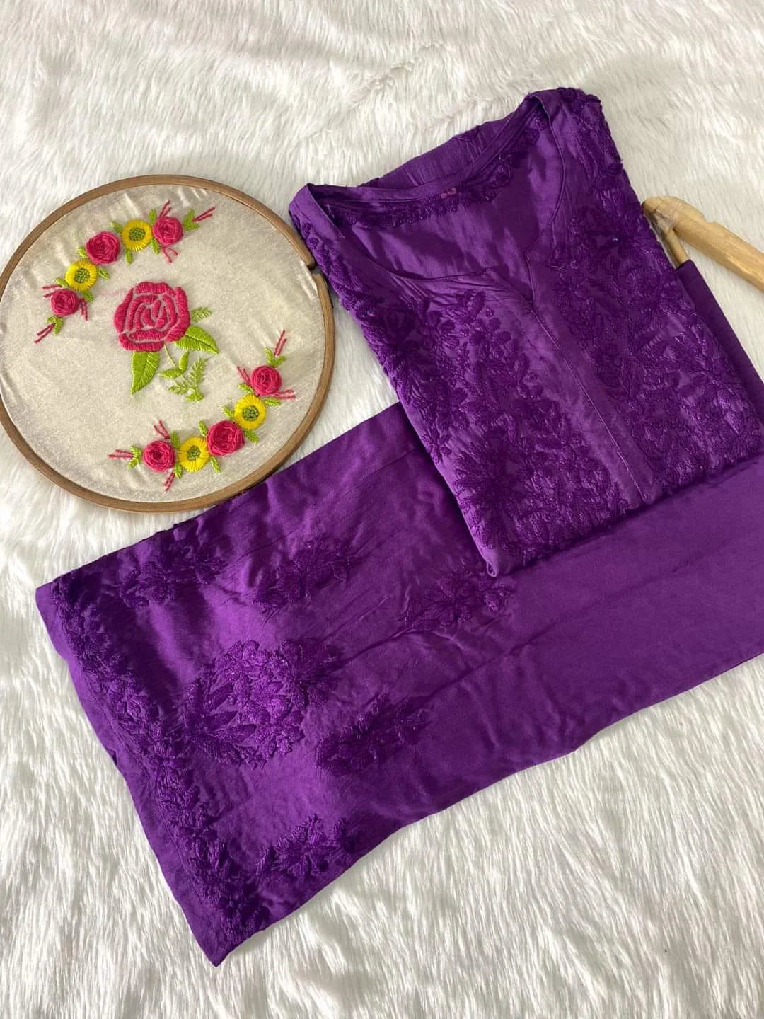 Raha Modal 3D Chikankari Kurta Palazzo Set - Purple