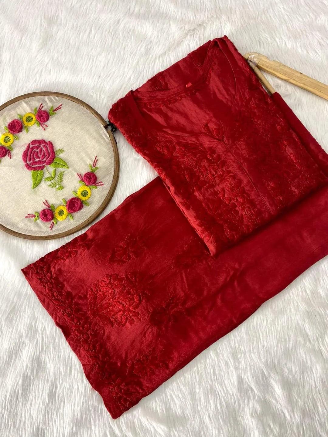 Raha Modal 3D Chikankari Kurta Palazzo Set - Red